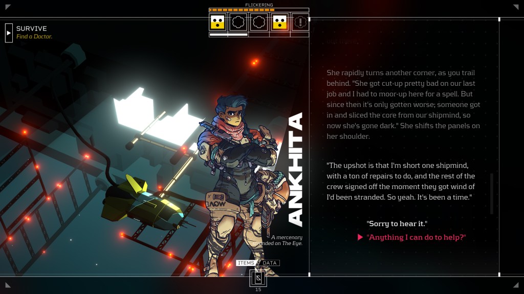 Speaking to the mercenary Ankhita about her broken spaceship in Citizen Sleeper