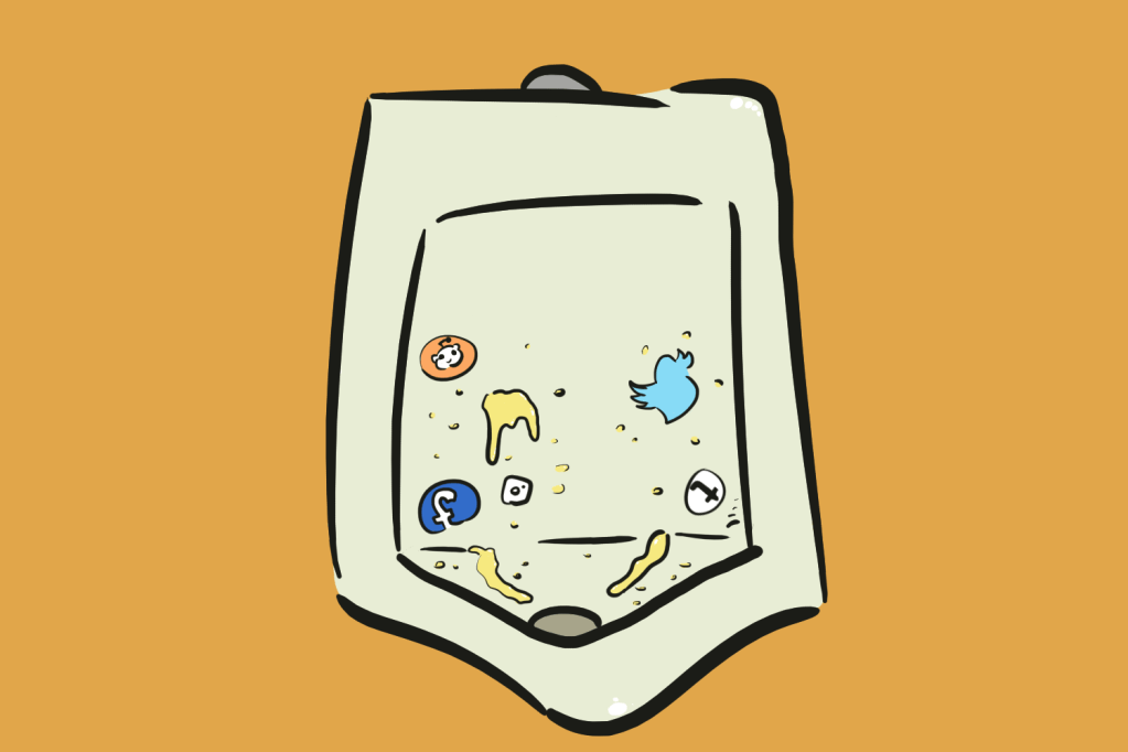 a uranyl littered with piss, and social media logos