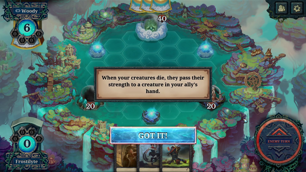 When your creatures die, they pass their strength to a creature in your ally's hand.