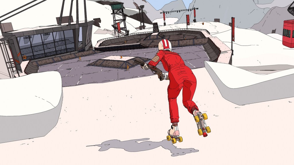 Player character, Kara Hassan, skating into a Rollerdrome arena.