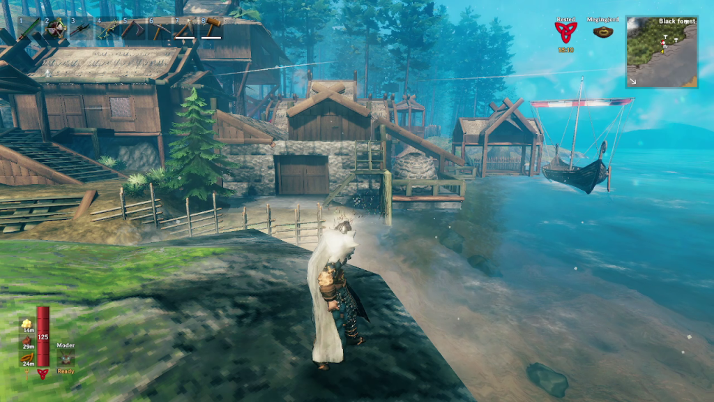 My base in Valheim, which is built at the water's edge.