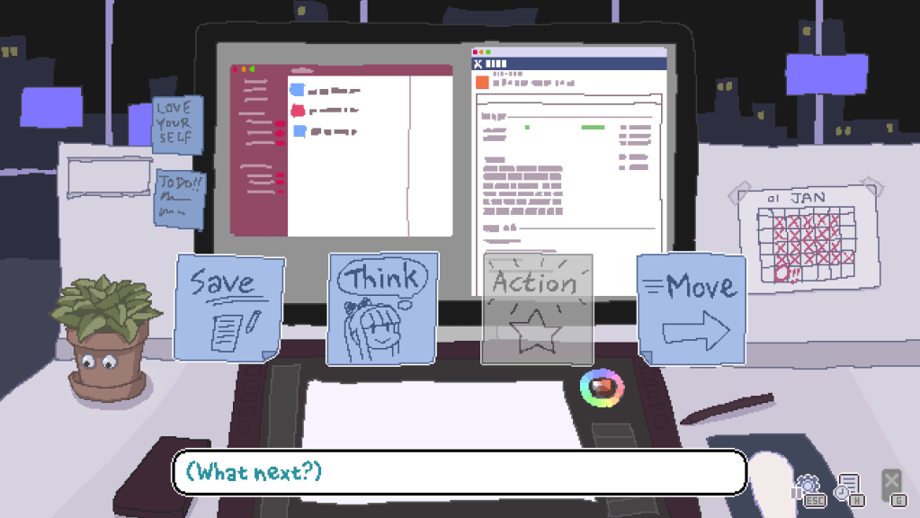 Penny deciding what to do next in Endless Monday: Dreams and Deadlines.