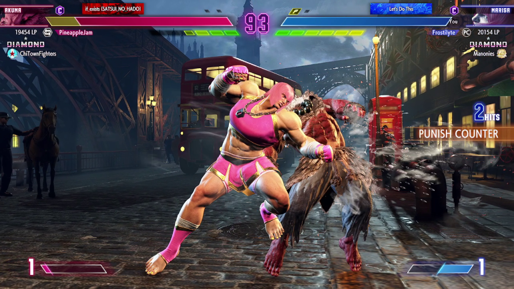 Fighting Akuma with Marisa on ranked ladder in Street Fighter 6.