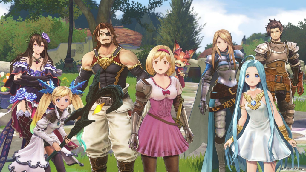The whole crew gathered around in Granblue Fantasy: Relink.