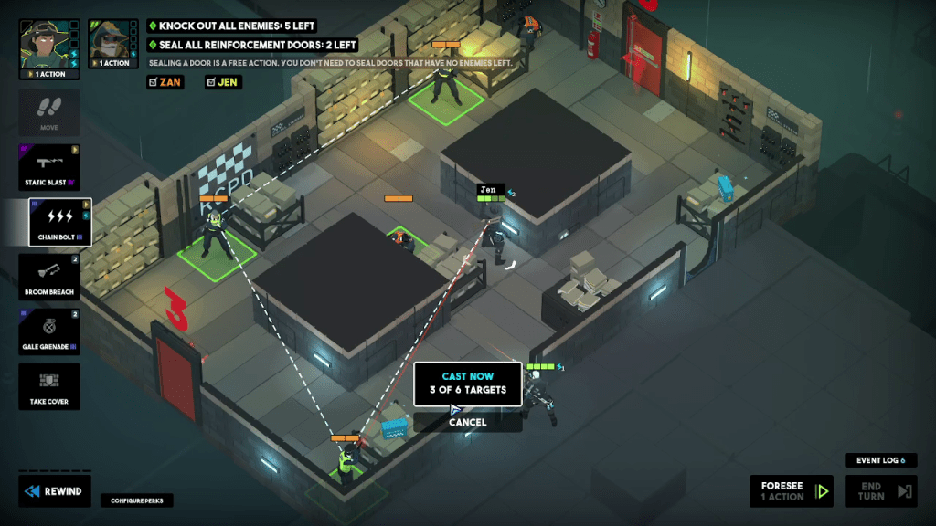 Jen attacking 3 targets with Chain Bolt.