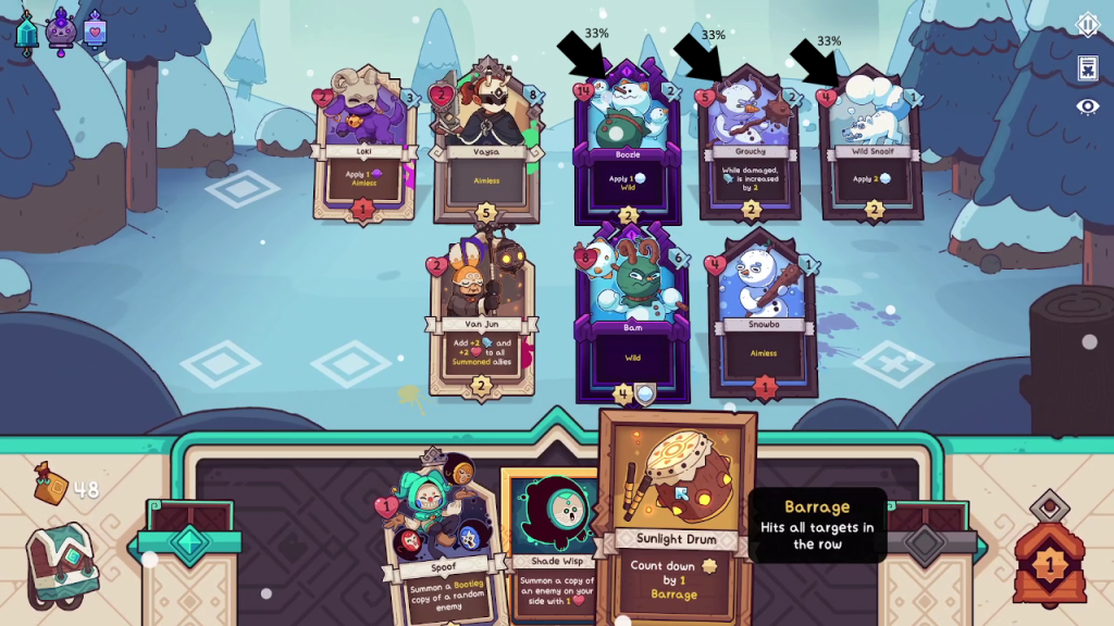 Showing how Aimless attacks work in Wildfrost.