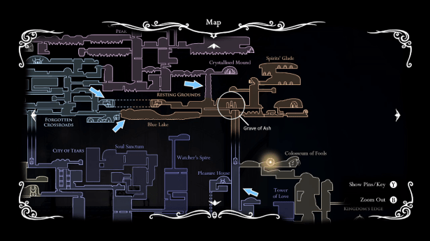 Map from Hollow Knight showing the 4 entry points into the Resting Grounds.