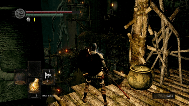 Looking down at Blighttown from one of several suspended platforms from within the village.