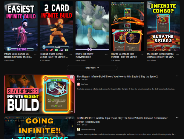 The endless supply of infinite combo videos on Youtube for Slay the Spire 2.