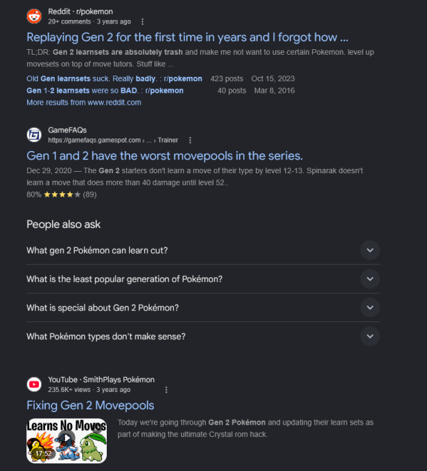 Google Search results for bad learnsets in older Pokemon games.