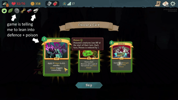 Screenshot highlighting Parrying Shield, and Snecko Skull during card reward screen in Slay the Spire 2.