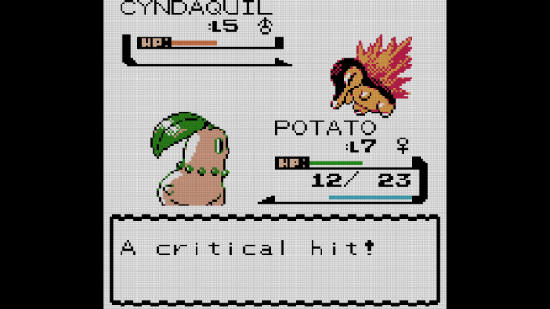 Potato the Chikorita getting hit by a Critical Hit.