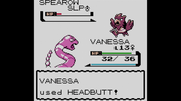 Vanessa destroying an enemy Spearow with Headbutt.