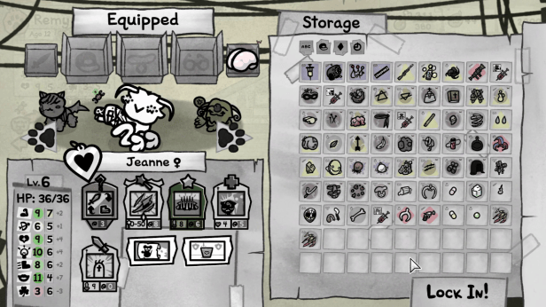 Equipping my cats for a House Boss in Mewgenics.