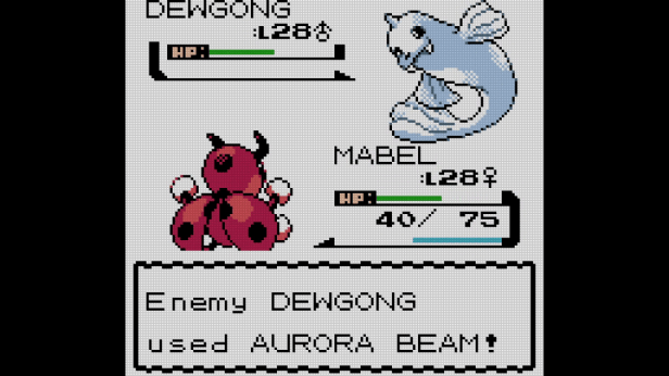 Ledian, remarkably, tanking a Dewgong's Super Effect Aurora Beam.