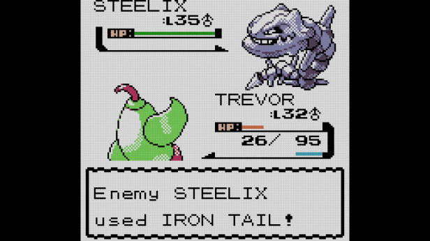Trevor almost faints to a meaty Iron Tail from Jasmine's Steelix.