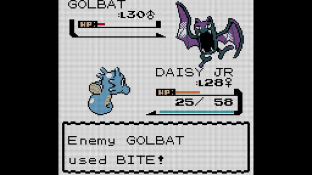Screenshot of our Horsea, DJ, almost getting clobbered by Golbat.