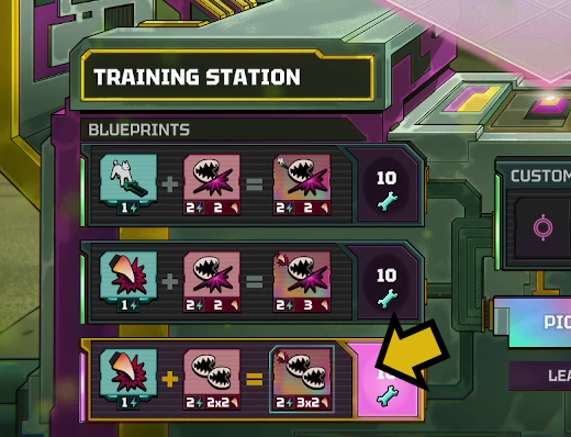 Training Station example showing an attack upgraded with Ferocious.